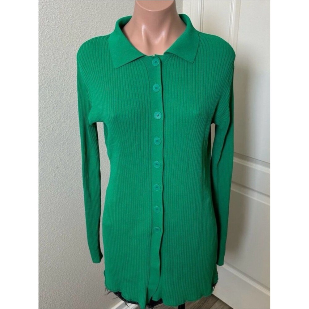 Veiled Emerald Green Ribbed Long Sleeve Button-Up Top Sz L